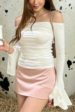 Y2K Aesthetic Solid Off Shoulder Shirred Trumpet Sleeve Long Sleeve Tee