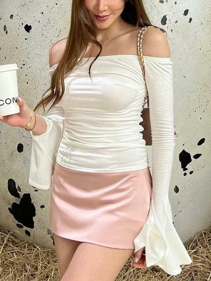 Y2K Aesthetic Solid Off Shoulder Shirred Trumpet Sleeve Long Sleeve Tee Y2K Aesthetic Solid Off Shoulder Shirred Trumpet Sleeve Long Sleeve Tee