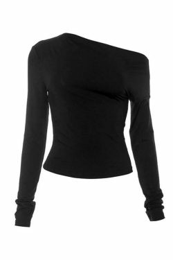 Y2K Aesthetic Solid One Shoulder Long Sleeve Tee for Women - Coquette & Grunge Style Fashion