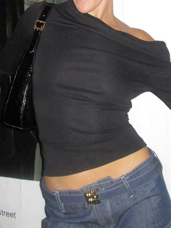 Y2K Aesthetic Solid One Shoulder Long Sleeve Tee for Women - Coquette & Grunge Style Fashion Y2K Aesthetic Solid One Shoulder Long Sleeve Tee for Women - Coquette & Grunge Style Fashion