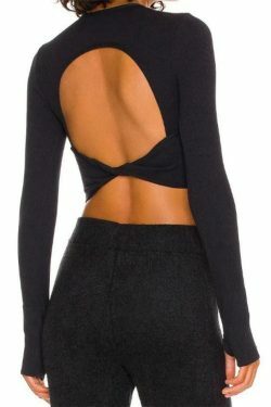 Y2K Aesthetic Solid Ribbed Twist Back Long Sleeve Tee for Women - Coquette Fashion Statement