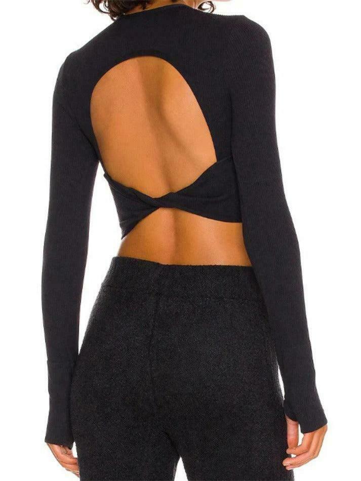 Y2K Aesthetic Solid Ribbed Twist Back Long Sleeve Tee for Women - Coquette Fashion Statement Y2K Aesthetic Solid Ribbed Twist Back Long Sleeve Tee for Women - Coquette Fashion Statement