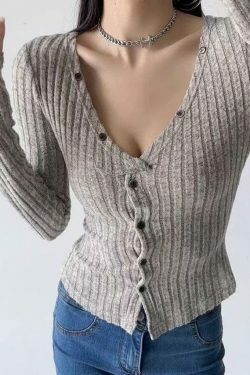 Y2K Aesthetic Solid Ribbed V Neck Twist Front Long Sleeve Knit Sweater
