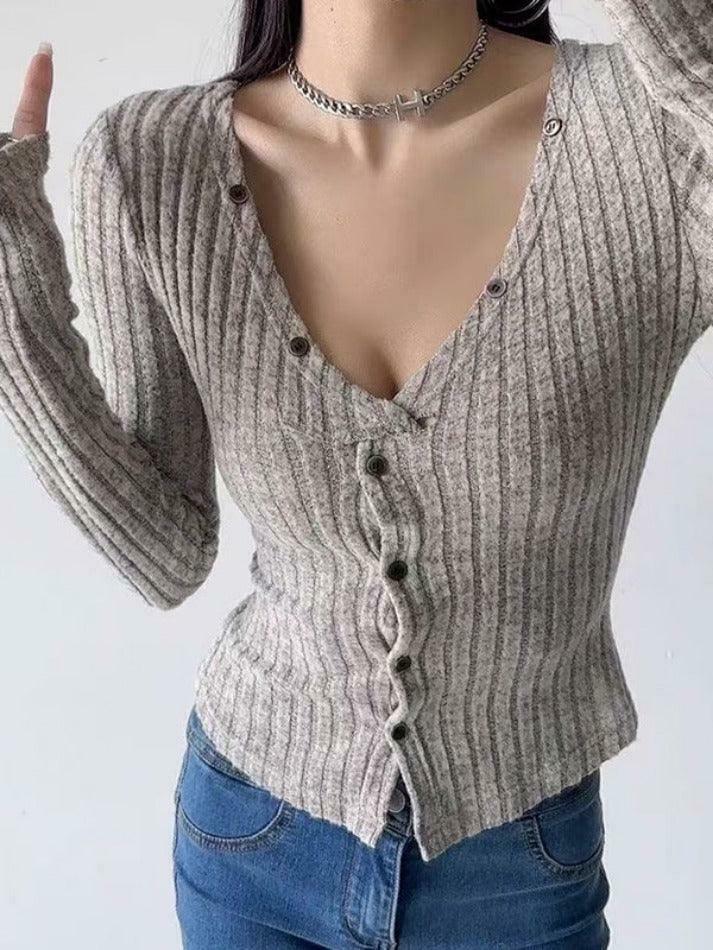 Y2K Aesthetic Solid Ribbed V Neck Twist Front Long Sleeve Knit Sweater Y2K Aesthetic Solid Ribbed V Neck Twist Front Long Sleeve Knit Sweater