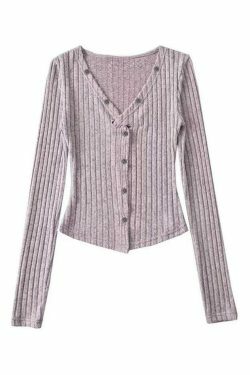 Y2K Aesthetic Solid Ribbed V Neck Twist Front Long Sleeve Knit Sweater