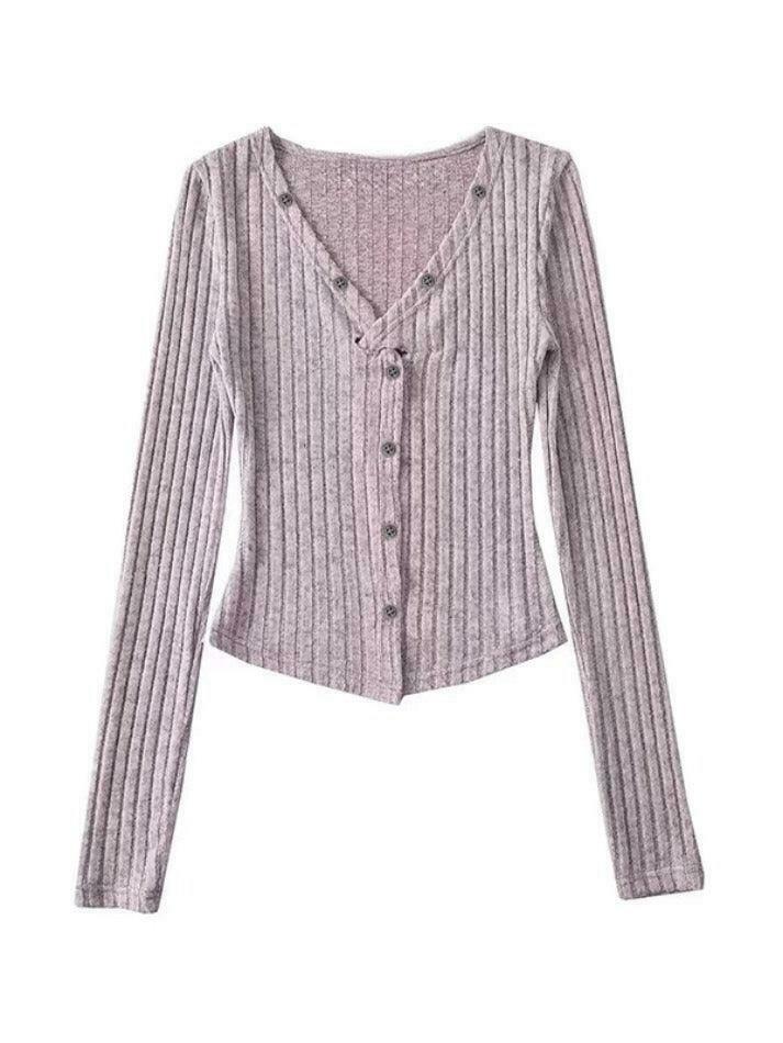 Y2K Aesthetic Solid Ribbed V Neck Twist Front Long Sleeve Knit Sweater Y2K Aesthetic Solid Ribbed V Neck Twist Front Long Sleeve Knit Sweater