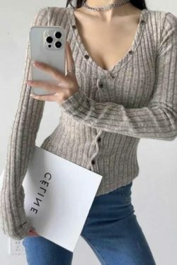 Y2K Aesthetic Solid Ribbed V Neck Twist Front Long Sleeve Knit Sweater