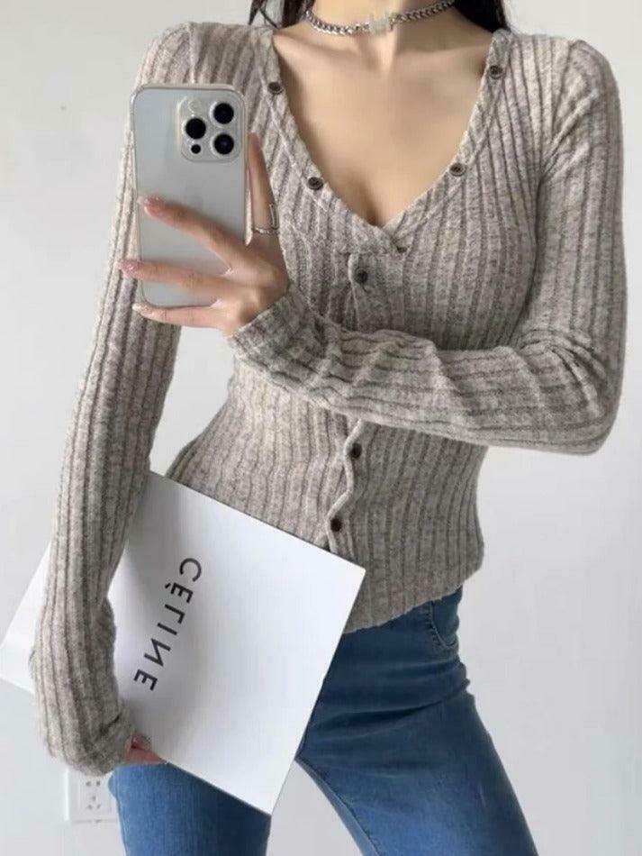 Y2K Aesthetic Solid Ribbed V Neck Twist Front Long Sleeve Knit Sweater Y2K Aesthetic Solid Ribbed V Neck Twist Front Long Sleeve Knit Sweater