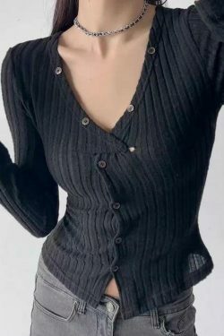 Y2K Aesthetic Solid Ribbed V Neck Twist Front Long Sleeve Knit Sweater