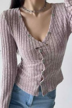 Y2K Aesthetic Solid Ribbed V Neck Twist Front Long Sleeve Knit Sweater