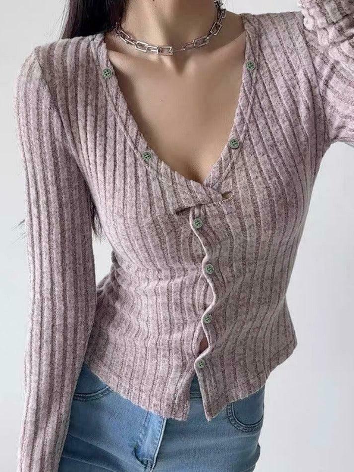 Y2K Aesthetic Solid Ribbed V Neck Twist Front Long Sleeve Knit Sweater Y2K Aesthetic Solid Ribbed V Neck Twist Front Long Sleeve Knit Sweater