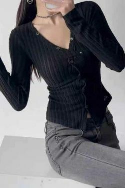 Y2K Aesthetic Solid Ribbed V Neck Twist Front Long Sleeve Knit Sweater