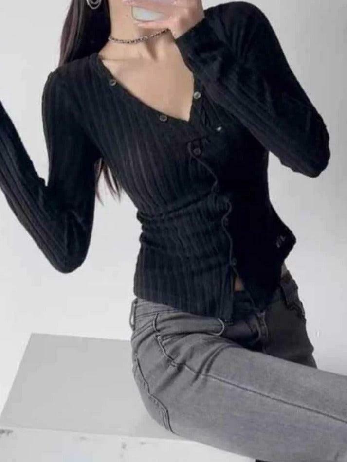 Y2K Aesthetic Solid Ribbed V Neck Twist Front Long Sleeve Knit Sweater Y2K Aesthetic Solid Ribbed V Neck Twist Front Long Sleeve Knit Sweater