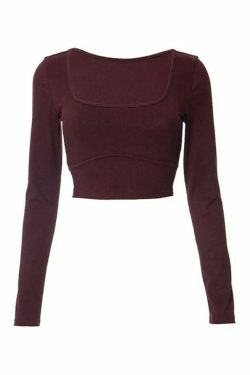 Y2K Aesthetic Solid Square Neck Cropped Long Sleeve Knit Top
