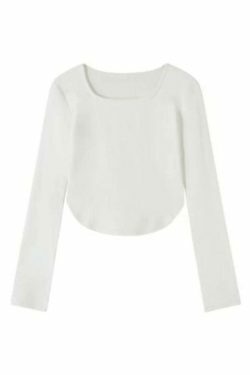 Y2K Aesthetic Solid Square Neck Curvy Hem Long Sleeve Tee