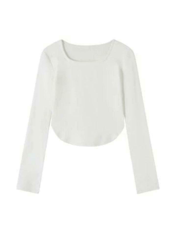 Y2K Aesthetic Solid Square Neck Curvy Hem Long Sleeve Tee Y2K Aesthetic Solid Square Neck Curvy Hem Long Sleeve Tee