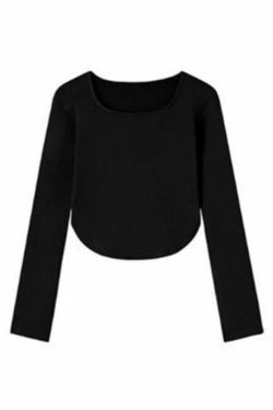 Y2K Aesthetic Solid Square Neck Curvy Hem Long Sleeve Tee