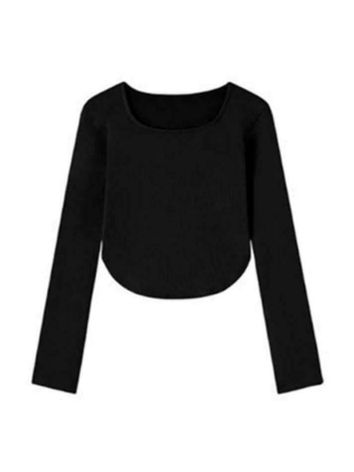 Y2K Aesthetic Solid Square Neck Curvy Hem Long Sleeve Tee Y2K Aesthetic Solid Square Neck Curvy Hem Long Sleeve Tee