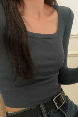 Y2K Aesthetic Solid Square Neck Rib Slim Long Sleeve Knit Top