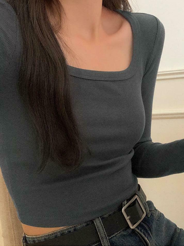 Y2K Aesthetic Solid Square Neck Rib Slim Long Sleeve Knit Top Y2K Aesthetic Solid Square Neck Rib Slim Long Sleeve Knit Top