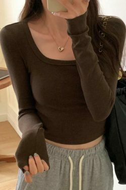 Y2K Aesthetic Solid Square Neck Rib Slim Long Sleeve Knit Top