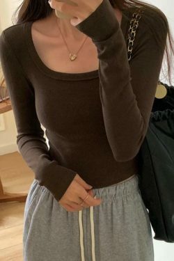 Y2K Aesthetic Solid Square Neck Rib Slim Long Sleeve Knit Top