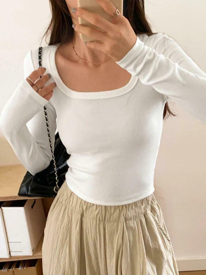 Y2K Aesthetic Solid Square Neck Rib Slim Long Sleeve Knit Top Y2K Aesthetic Solid Square Neck Rib Slim Long Sleeve Knit Top