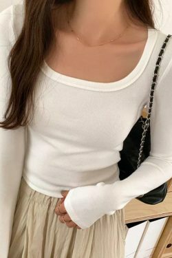 Y2K Aesthetic Solid Square Neck Rib Slim Long Sleeve Knit Top