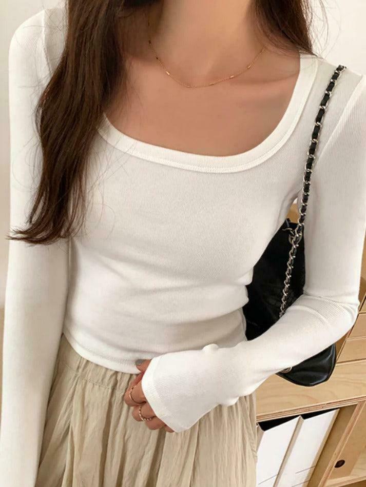 Y2K Aesthetic Solid Square Neck Rib Slim Long Sleeve Knit Top Y2K Aesthetic Solid Square Neck Rib Slim Long Sleeve Knit Top