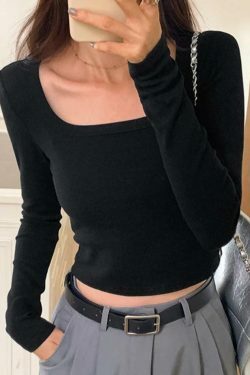 Y2K Aesthetic Solid Square Neck Rib Slim Long Sleeve Knit Top