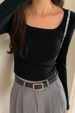 Y2K Aesthetic Solid Square Neck Rib Slim Long Sleeve Knit Top