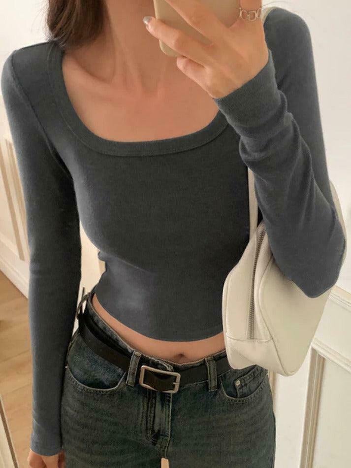 Y2K Aesthetic Solid Square Neck Rib Slim Long Sleeve Knit Top Y2K Aesthetic Solid Square Neck Rib Slim Long Sleeve Knit Top