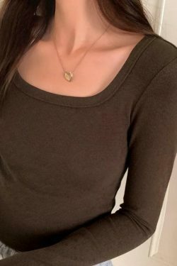 Y2K Aesthetic Solid Square Neck Rib Slim Long Sleeve Knit Top