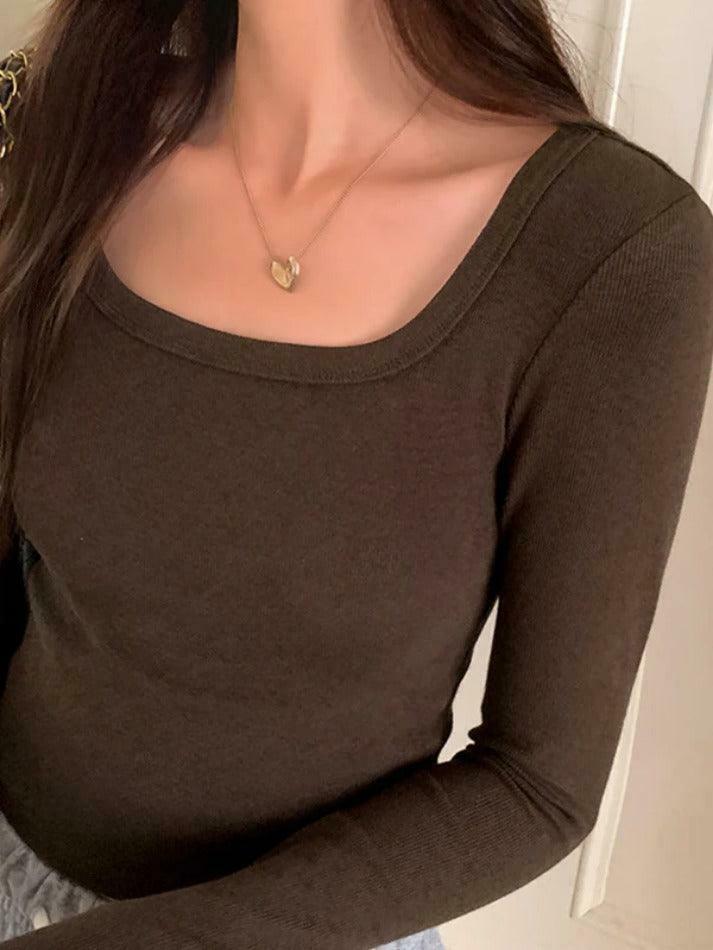 Y2K Aesthetic Solid Square Neck Rib Slim Long Sleeve Knit Top Y2K Aesthetic Solid Square Neck Rib Slim Long Sleeve Knit Top