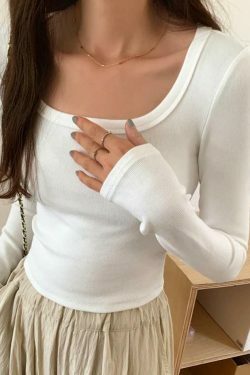 Y2K Aesthetic Solid Square Neck Rib Slim Long Sleeve Knit Top