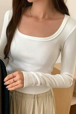 Y2K Aesthetic Solid Square Neck Rib Slim Long Sleeve Knit Top