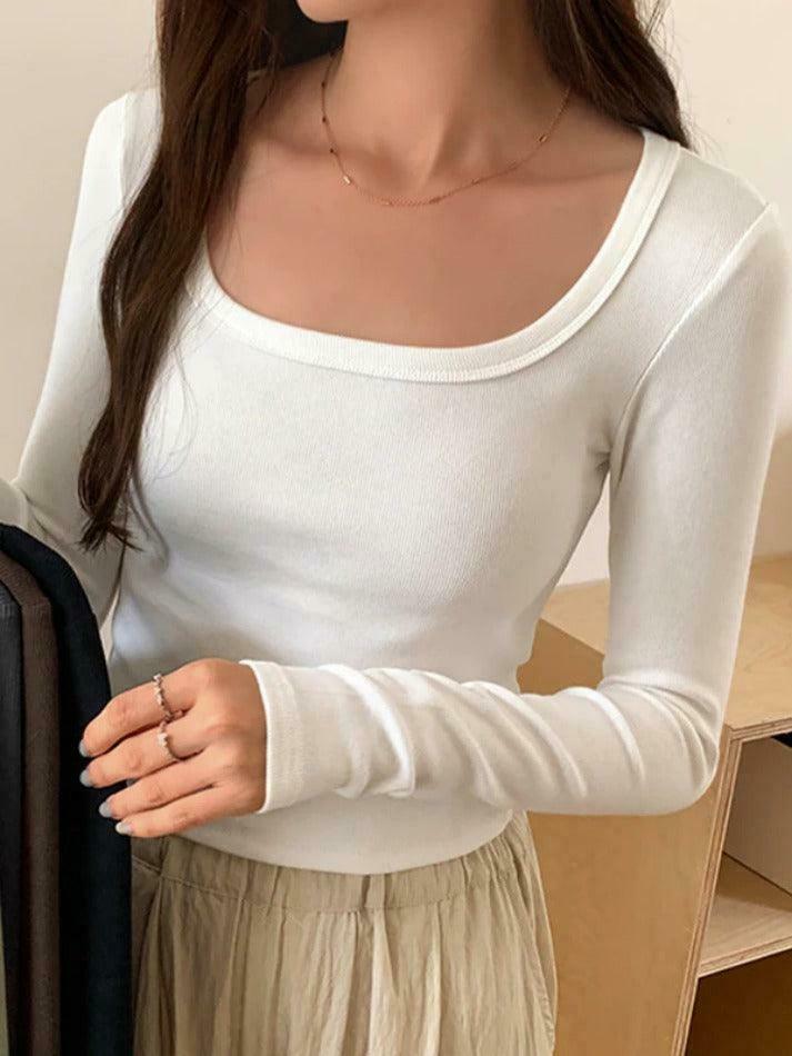 Y2K Aesthetic Solid Square Neck Rib Slim Long Sleeve Knit Top Y2K Aesthetic Solid Square Neck Rib Slim Long Sleeve Knit Top