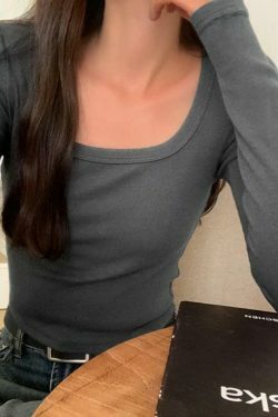 Y2K Aesthetic Solid Square Neck Rib Slim Long Sleeve Knit Top