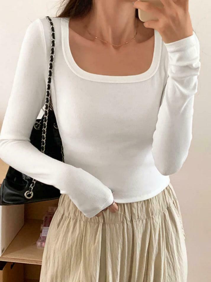 Y2K Aesthetic Solid Square Neck Rib Slim Long Sleeve Knit Top Y2K Aesthetic Solid Square Neck Rib Slim Long Sleeve Knit Top