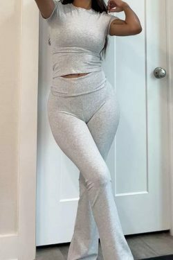 Y2K Aesthetic Solid Tee & Flare Pants Set - Coquette Grunge Fashion Women's Outfit