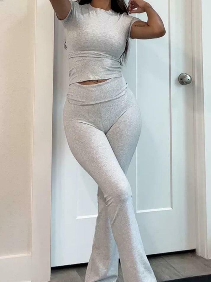 Y2K Aesthetic Solid Tee & Flare Pants Set - Coquette Grunge Fashion Women's Outfit Y2K Aesthetic Solid Tee & Flare Pants Set - Coquette Grunge Fashion Women's Outfit