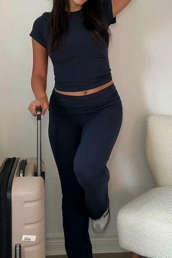 Y2K Aesthetic Solid Tee & Flare Pants Set - Coquette Grunge Fashion Women's Outfit