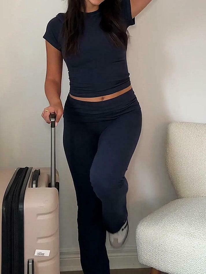 Y2K Aesthetic Solid Tee & Flare Pants Set - Coquette Grunge Fashion Women's Outfit Y2K Aesthetic Solid Tee & Flare Pants Set - Coquette Grunge Fashion Women's Outfit