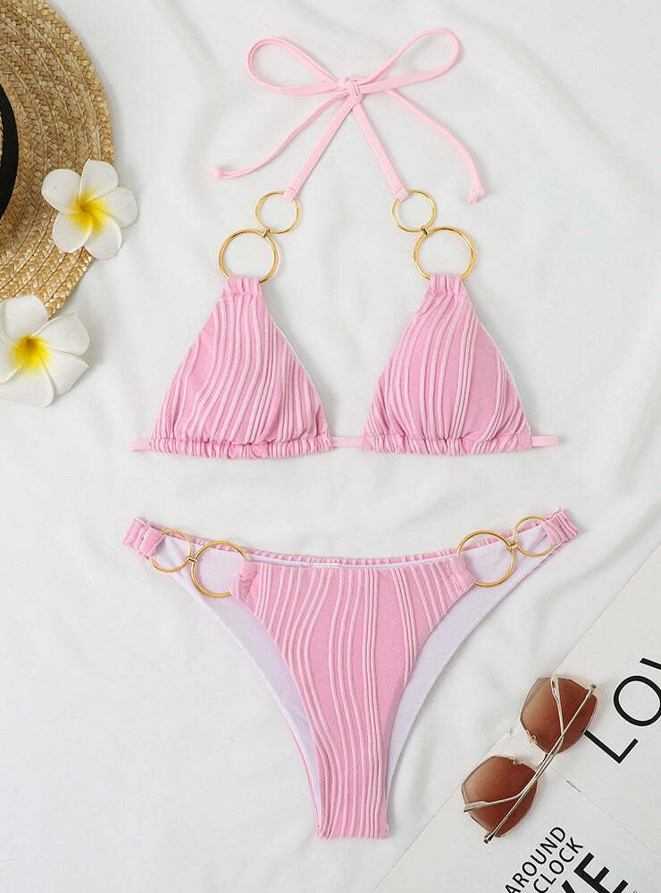 Y2K Aesthetic Solid Two Piece Bikini - Coquette & Grunge Style Fashion Statement