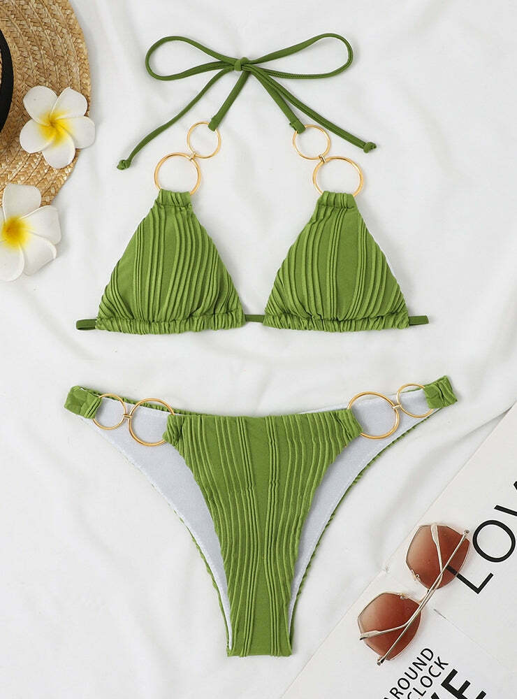 Y2K Aesthetic Solid Two Piece Bikini - Coquette & Grunge Style Fashion Statement