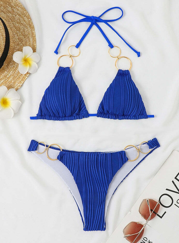 Y2K Aesthetic Solid Two Piece Bikini - Coquette & Grunge Style Fashion Statement