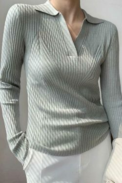 Y2K Aesthetic Solid V-Neck Ribbed Splice Sweater for Women