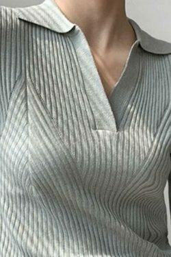 Y2K Aesthetic Solid V-Neck Ribbed Splice Sweater for Women