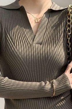 Y2K Aesthetic Solid V-Neck Ribbed Splice Sweater for Women