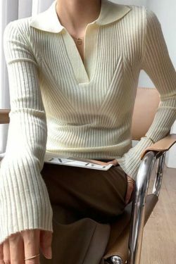 Y2K Aesthetic Solid V-Neck Ribbed Splice Sweater for Women